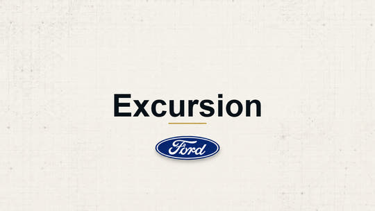 Excursion model name with Ford logo on a pale technical background