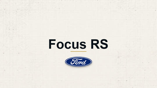 Focus RS model name with Ford logo on a pale technical background