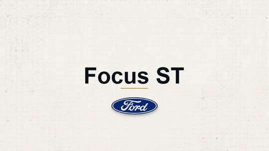 Focus ST model name with Ford logo on a pale technical background