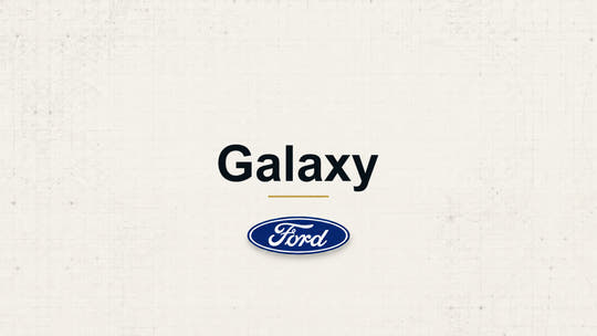 Galaxy model name with Ford logo on a pale technical background