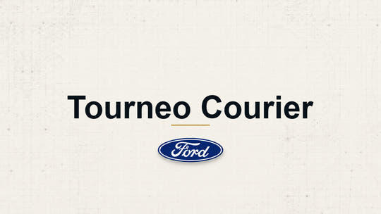 Tourneo Courier model name with Ford logo on a pale technical background