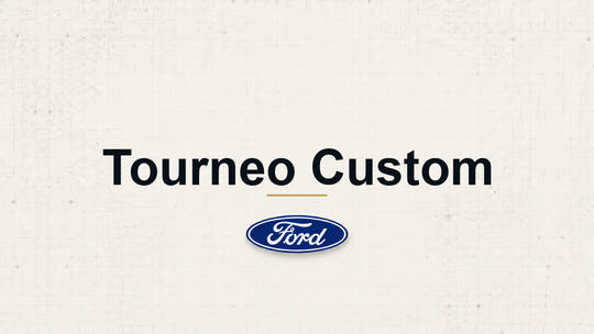 Tourneo Custom model name with Ford logo on a pale technical background