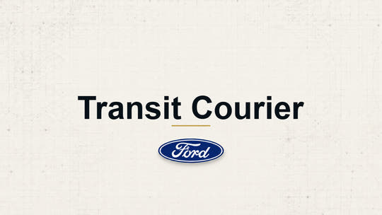 Transit Courier model name with Ford logo on a pale technical background