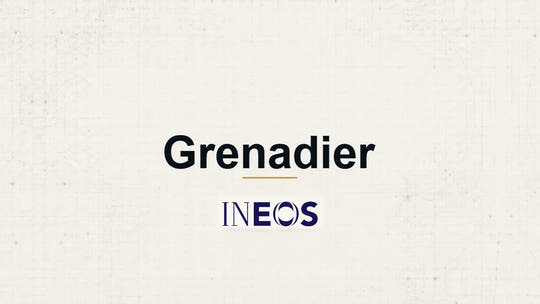 INEOS Grenadier model name with INEOS logo on a pale technical background