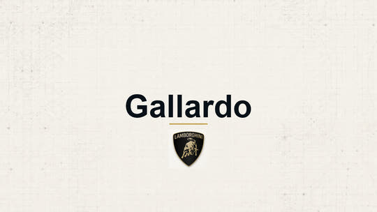 Lamborghini Gallardo model name with Lamborghini logo on a pale technical background