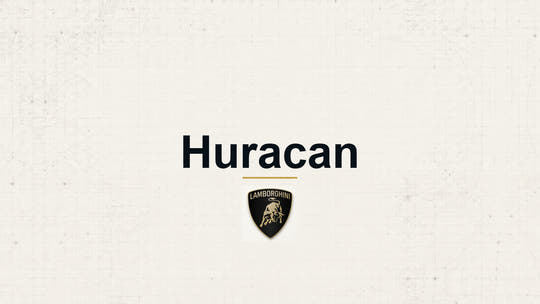 Lamborghini Huracan model name with Lamborghini logo on a pale technical background