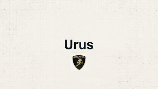 Lamborghini Urus model name with Lamborghini logo on a pale technical background