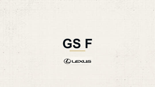 Lexus GS F model name with Lexus logo on a pale technical background