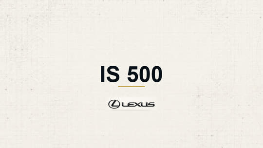 Lexus IS 500 model name with Lexus logo on a pale technical background