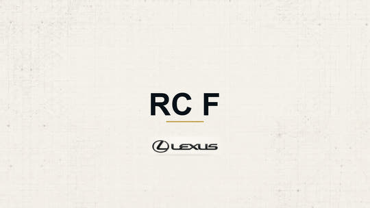 Lexus RC F model name with Lexus logo on a pale technical background