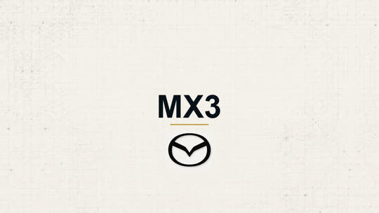 Mazda MX3 model name with Mazda logo on a pale technical background