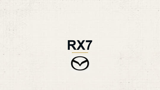 Mazda RX7 model name with Mazda logo on a pale technical background