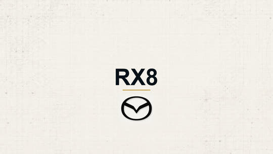 Mazda RX8 model name with Mazda logo on a pale technical background
