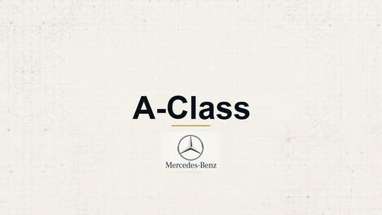 Mercedes-Benz A-Class model name with Mercedes-Benz logo on a pale technical background