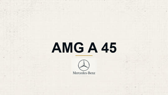 Mercedes-Benz AMG A 45 model name with Mercedes-Benz logo on a pale technical background