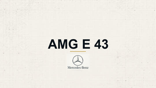 Mercedes-Benz AMG E 43 model name with Mercedes-Benz logo on a pale technical background