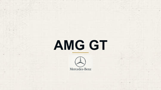 Mercedes-Benz AMG GT model name with Mercedes-Benz logo on a pale technical background