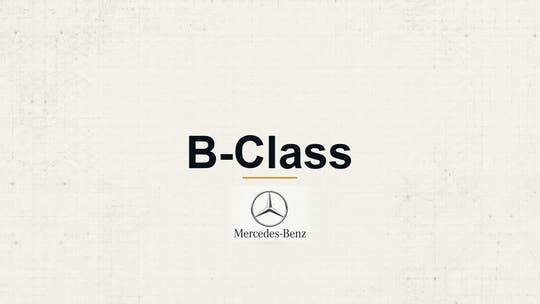 Mercedes-Benz B-Class model name with Mercedes-Benz logo on a pale technical background