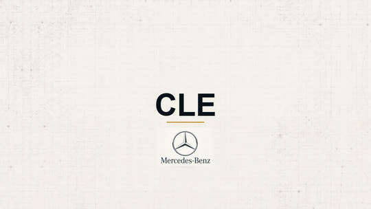 Mercedes-Benz CLE model name with Mercedes-Benz logo on a pale technical background