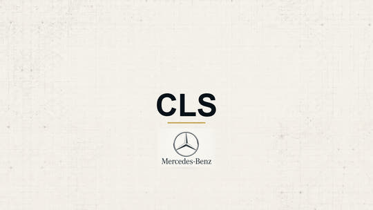 Mercedes-Benz CLS model name with Mercedes-Benz logo on a pale technical background