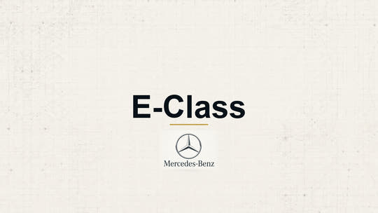 Mercedes-Benz E-Class model name with Mercedes-Benz logo on a pale technical background
