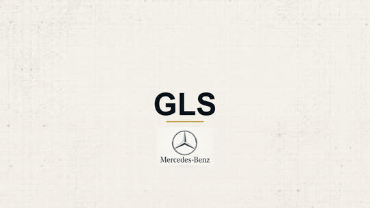 Mercedes-Benz GLS model name with Mercedes-Benz logo on a pale technical background