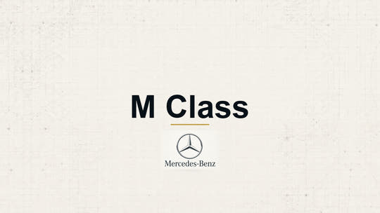 Mercedes-Benz M Class model name with Mercedes-Benz logo on a pale technical background