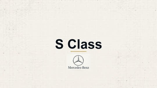 Mercedes-Benz S Class model name with Mercedes-Benz logo on a pale technical background