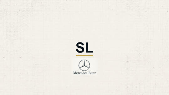 Mercedes-Benz SL model name with Mercedes-Benz logo on a pale technical background