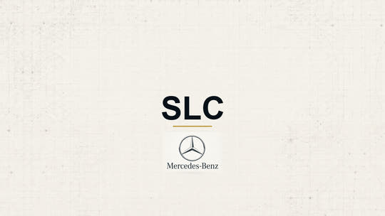 Mercedes-Benz SLC model name with Mercedes-Benz logo on a pale technical background
