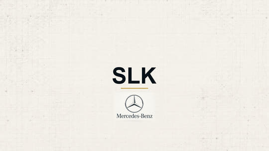 Mercedes-Benz SLK model name with Mercedes-Benz logo on a pale technical background