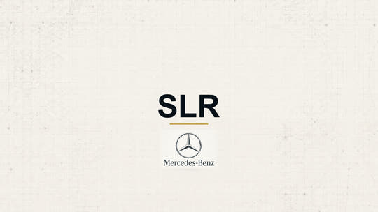 Mercedes-Benz SLR model name with Mercedes-Benz logo on a pale technical background