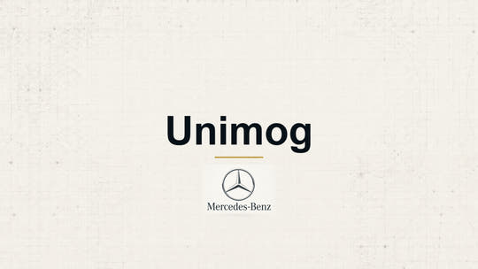 Mercedes-Benz Unimog model name with Mercedes-Benz logo on a pale technical background