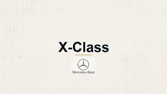Mercedes-Benz X-Class model name with Mercedes-Benz logo on a pale technical background
