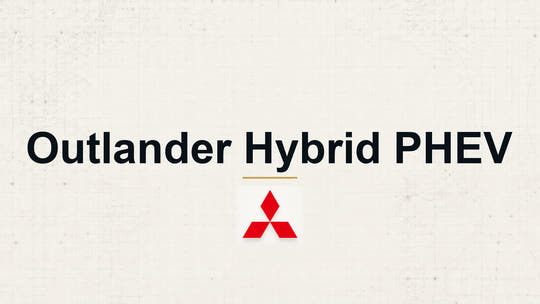 Mitsubishi Outlander Hybrid PHEV model name with Mitsubishi logo on a pale technical background
