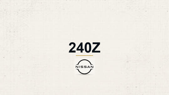 Nissan 240Z model name with Nissan logo on a pale technical background