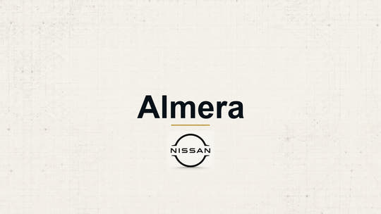 Nissan Almera model name with Nissan logo on a pale technical background