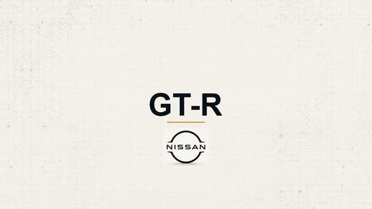 Nissan GT-R model name with Nissan logo on a pale technical background