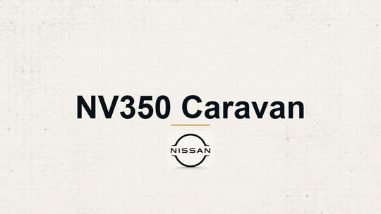 Nissan NV350 Caravan model name with Nissan logo on a pale technical background