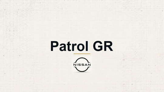 Nissan Patrol GR model name with Nissan logo on a pale technical background