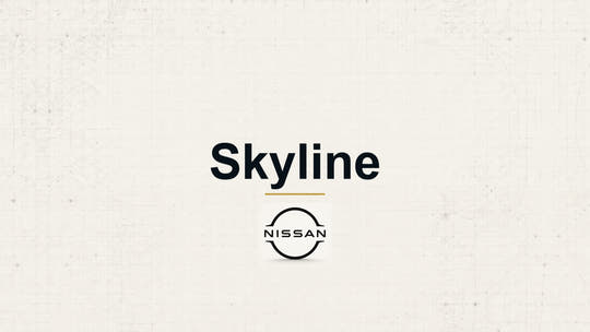 Nissan Skyline model name with Nissan logo on a pale technical background