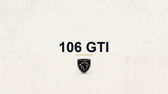 Peugeot 106 GTI model name with Peugeot logo on a pale technical background