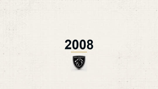 Peugeot 2008 model name with Peugeot logo on a pale technical background
