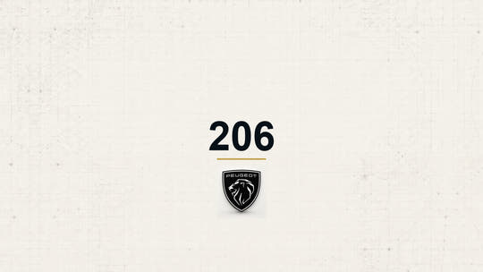 Peugeot 206 model name with Peugeot logo on a pale technical background