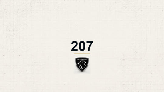 Peugeot 207 model name with Peugeot logo on a pale technical background