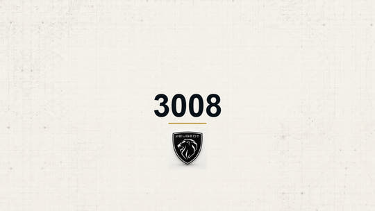 Peugeot 3008 model name with Peugeot logo on a pale technical background