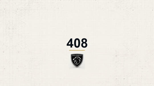 Peugeot 408 model name with Peugeot logo on a pale technical background