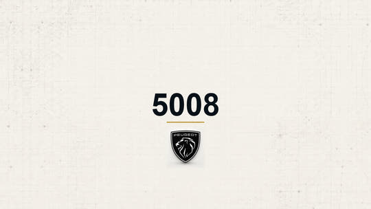 Peugeot 5008 model name with Peugeot logo on a pale technical background