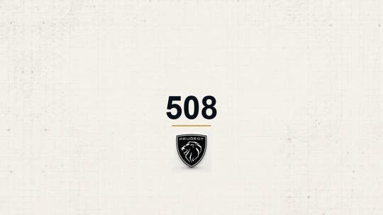 Peugeot 508 model name with Peugeot logo on a pale technical background