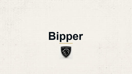 Peugeot Bipper model name with Peugeot logo on a pale technical background